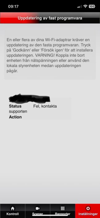 Skärmdump av felmeddelande i en app under en uppdatering av fast programvara.