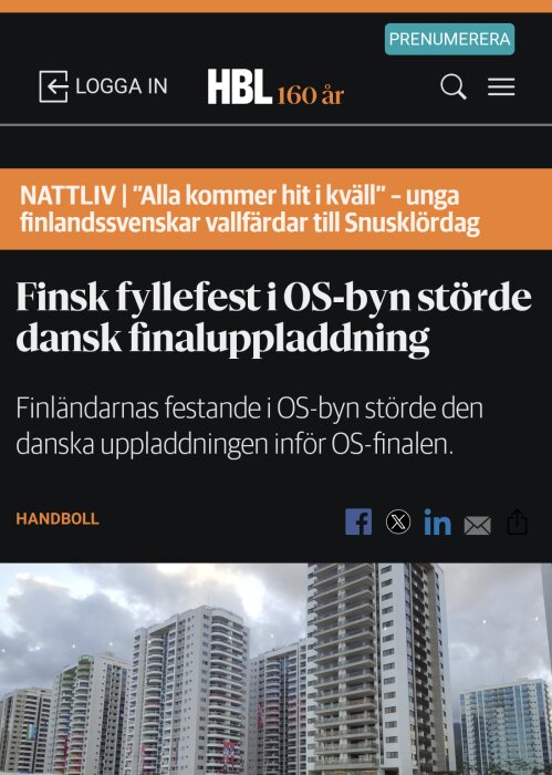 Skärmdump av en webbsida med en artikel om finsk fyllefest som stört danskarna inför OS-final, och en bild på höghus.