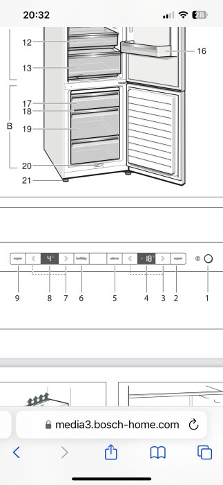 Illustration av öppen kyl/frys-kombo med temperaturkontroller och olika fack.