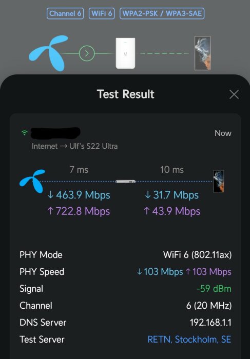 Skärmdump av ett nätverkstest som visar höga hastigheter på ett Wi-Fi 6 system, inklusive nedladdning på 463.9 Mbps och uppladdning på 722.8 Mbps.