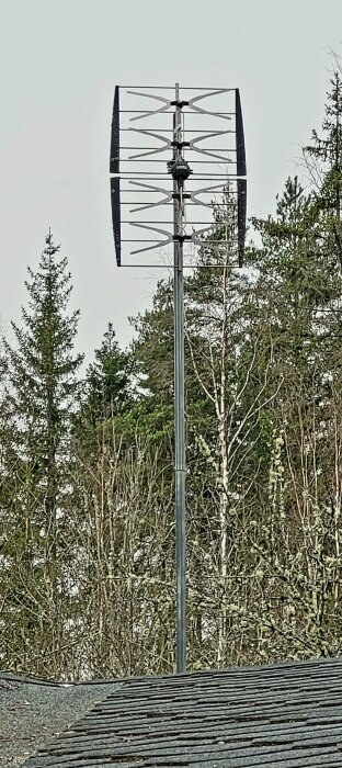 Yttertak i förgrunden med en hög antennmast mot en bakgrund av träd och himmel.