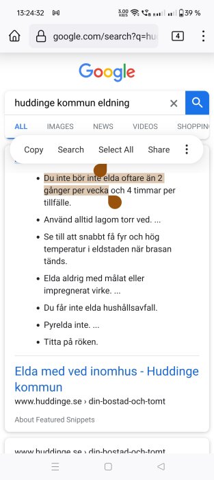 En skärmdump från en sökning på Google om regler kring vedeldning i Huddinge kommun.