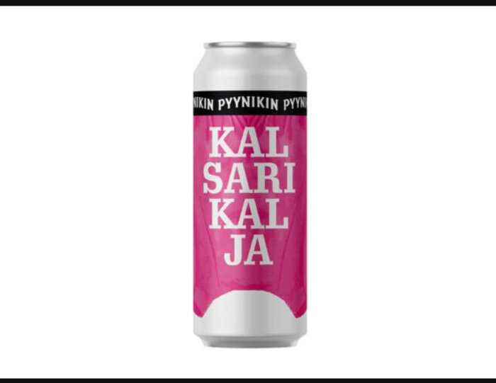 Aluminiumburk med öl, etikett med texten "KALSARIKALJA" i stort rosa typsnitt.