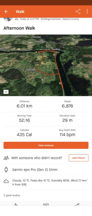 Skärmdump av aktivitetsspårning för en promenad på 6,01 km med tid, steg, höjdvinst och hjärtfrekvens.