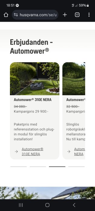 Erbjudandesida för Automower robotgräsklippare med bild på roboten som klipper gräs intill en häck.