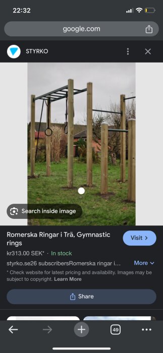 Träställning för gymnastik med ringar och pull-up-stång på gräsplan.