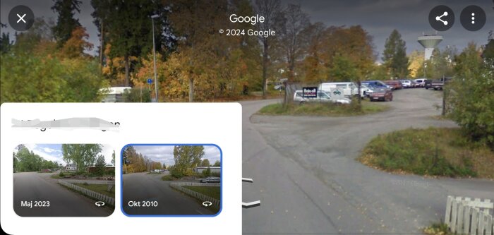 Skärmbild med Google Street View-bilder från maj 2023 och oktober 2010 som visar en gatuändring där en grind har tillkommit.