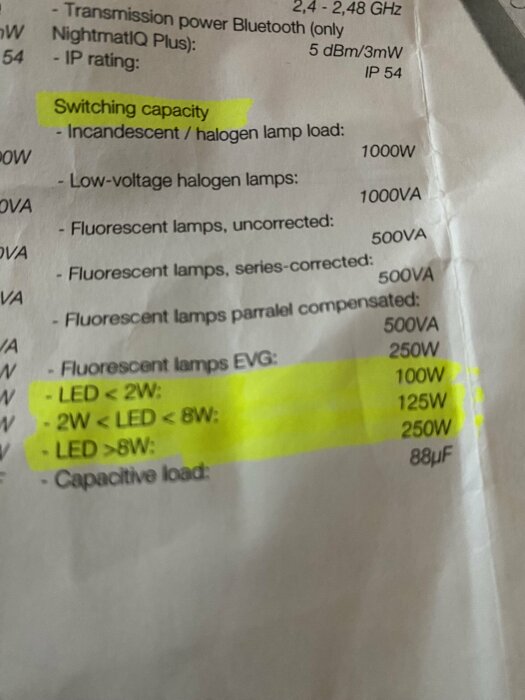 Teknisk specifikation för belysning med markerad "switching capacity" och LED-lampors lastkapacitet i watt.