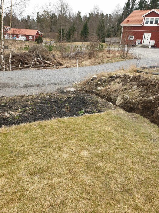 Uppgrävd gräsmatta med ett dike, stenigt och blött område nära en halvmåneformad upphöjd köksträdgård.