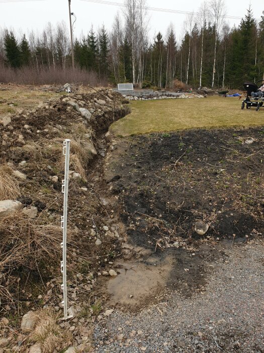 Nygrävt dräneringsdike i en trädgård med stenig mark och synlig vattensamling.