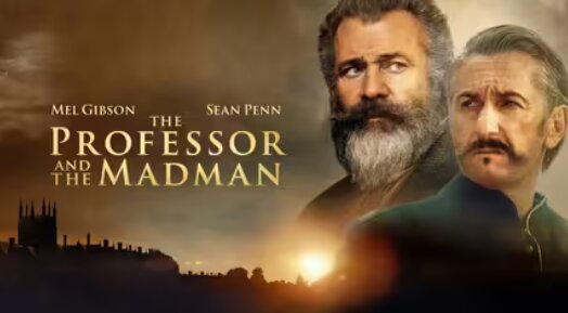 Filmaffisch för "The Professor and the Madman" med silhuett av stadssiluett och porträtt av två huvudrollsinnehavare.