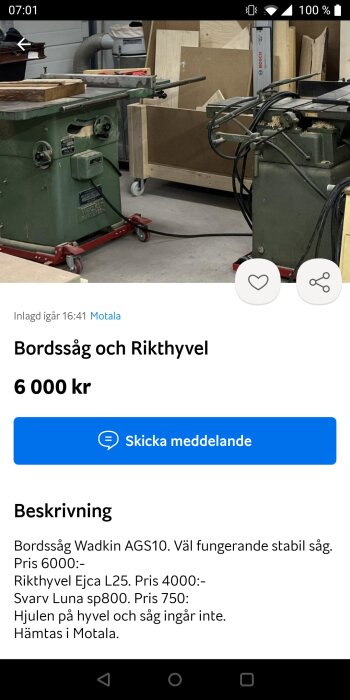 Grön Wadkin AGS10 bordsåg och Ejca L25 rikthyvel i en verkstadsmiljö, utan hjul.