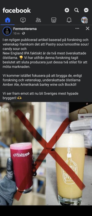 Två glas med öl, ett rosa och ett gult, båda med logotypen Fementerarna, rosa glaset har ett rött kryss över sig.