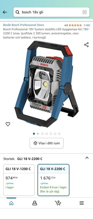 Bosch Professional 18V sladdlös LED-bygglampa GLI 18V-2200 C med smartphonestyrning.