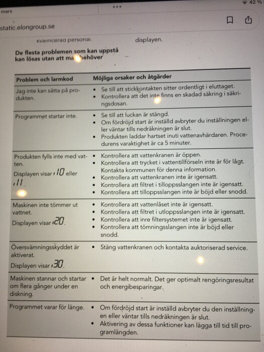 Datorskärm som visar en felkodsguide för diskmaskin med instruktioner för olika problem.