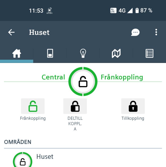 Skärmdump av en mobilapp för hemautomation visar alternativ för frånkoppling och tillkoppling.