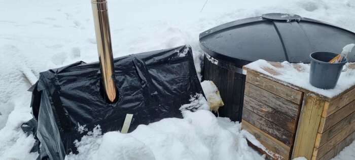 Kamin täckt av ett svart plasttält bredvid en snöig badtunna med metallrör och omgiven av snö.
