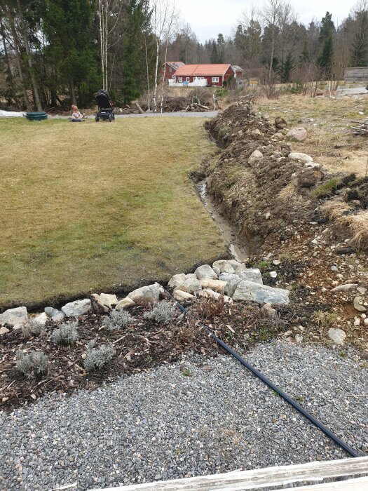 Nygrävd dikning nära en köksträdgård med uppdämd jord och synligt vatten, ett rödhus i bakgrunden.