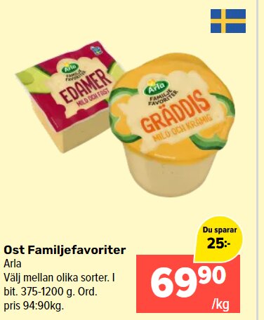 Reklamblad med erbjudande på ost från Arla, pris 69,90 kr/kg, med besparing på 25 kr.