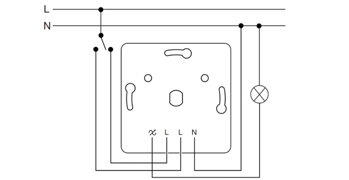 Elektrisk ritning av en RC dimmer anslutning med strömställare, fas, nolla och en lampa.