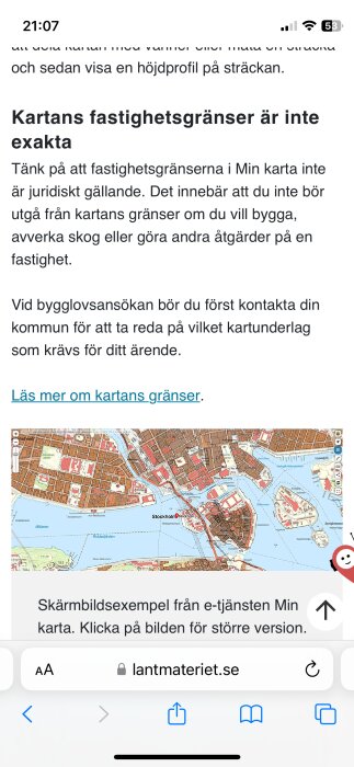 Skärmdump av mobilwebbsida som visar information om fastighetsgränser och ett exempel på karta över en stad.