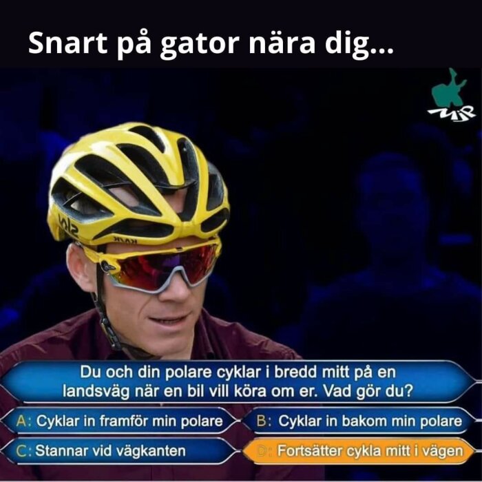 Cyklist med hjälm och solglasögon visas ovanför en text med flervalsalternativ om cykling på en landsväg.
