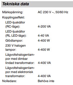 Teknisk specifikation för dimringskapacitet för olika ljuskällor och transformatorer.