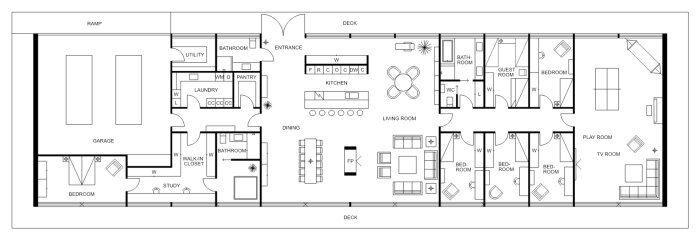 Arkitektonisk ritning av en enplansvilla med garage, sovrum, vardagsrum och kök.