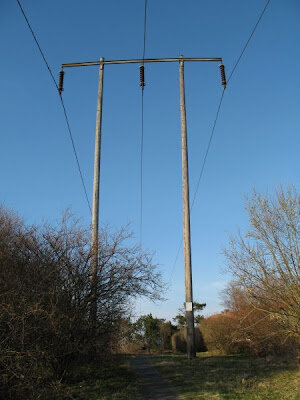 130 kV-elektrisk ledning med trästolpar och isolatorer i portalutförande mot en klar himmel.