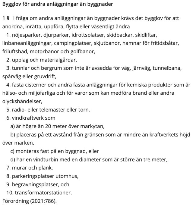 Text från lagtext som listar vilka anläggningar som kräver bygglov, exempelvis idrottsplatser och vindkraftverk.