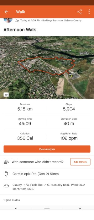 Skärmdump av en aktivitetsspårningsapp som visar en karta över en avslutad promenad på 5,15 km med statistik.