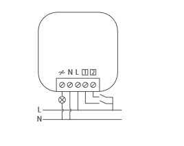 Schablon av Plejd DIM-01 enhet med märkta anslutningar för installation.