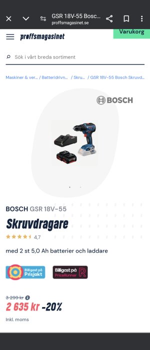 Bosch GSR 18V-55 skruvdragare med två 5,0 Ah batterier och laddare, online-pris visat.