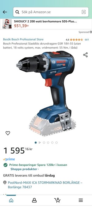 Skruvdragare Bosch GSR 18V-55 utan batteri och laddare, blå och svart, visas i produktannons.