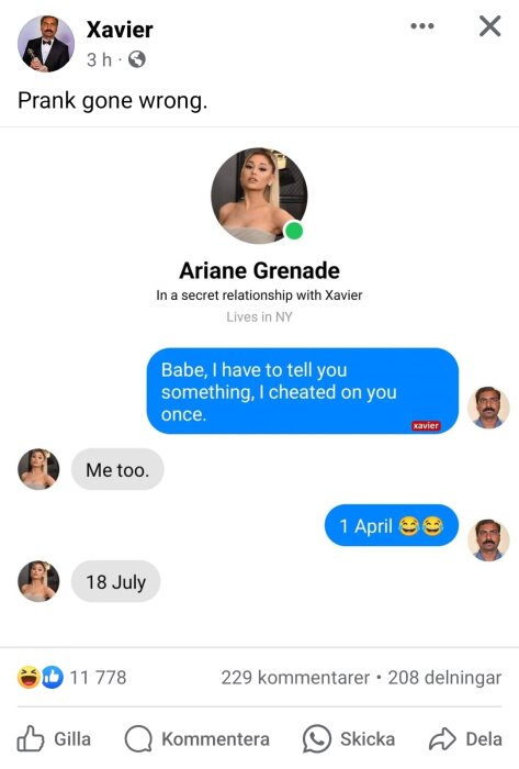 Skärmklipp från ett socialt nätverk med en konversation där två personer diskuterar otrohet och ett datum som antyder ett skämt.