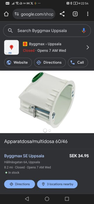 Apparatdosa av vit plast med grön skruvring, visad i en webbshop med pris och butiksinformation.