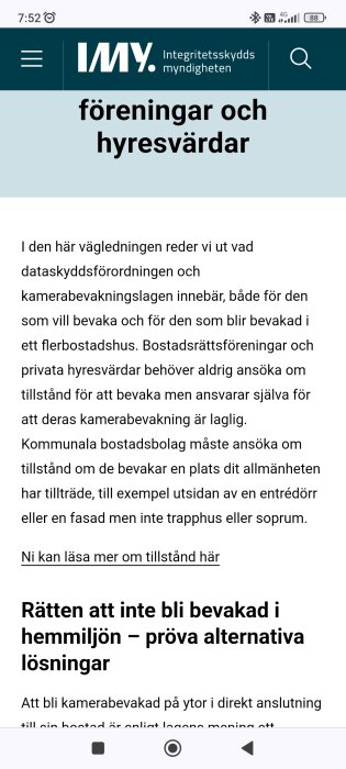 Skärmdump av en webbsida med text om riktlinjer för kamerabevakning av IMY, Integritetsskyddsmyndigheten.