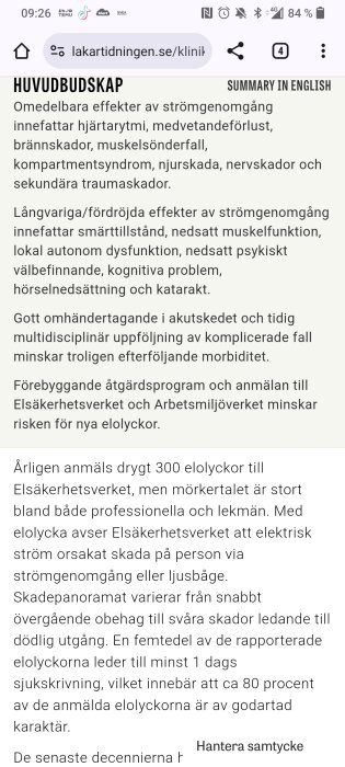 Skärmdump av en artikel som diskuterar omedelbara och långvariga effekter av elolyckor på människokroppen.