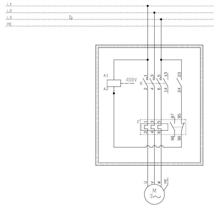 Elektriskt kopplingsschema för motorskydd och kontaktor med märkningar för tre faser och anslutningar.