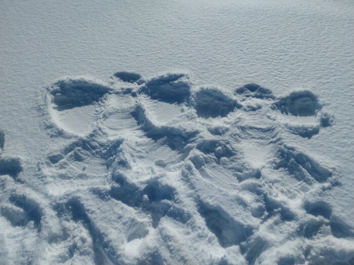 Spår av en snöängel i färsk snö under solig dag.
