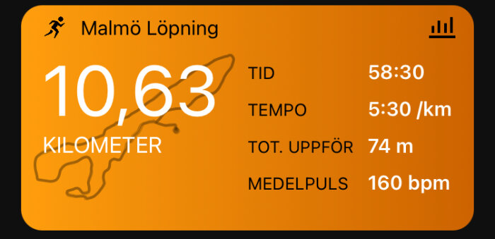 Appskärm som visar löpstatistik: 10,63 km, tid 58:30, tempo 5:30/km, total uppför 74 m, puls 160 bpm.