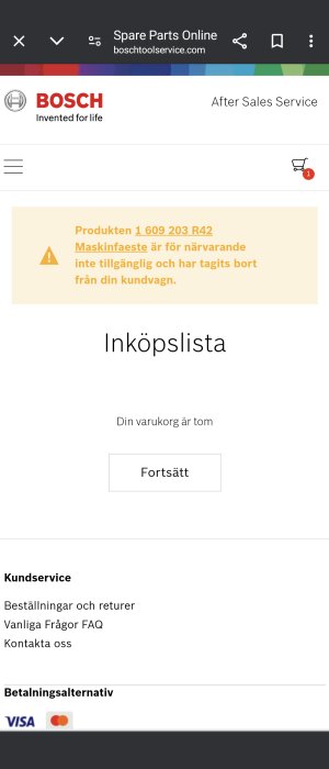 Skärmavbild av Bosch reservdelsbutiks webbsida med felmeddelande om en otillgänglig produkt.