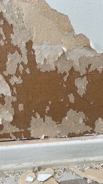 Renoveringsvägg med rivna lager av gammal tapet och spackel som avslöjar en masonitskiva med textur.