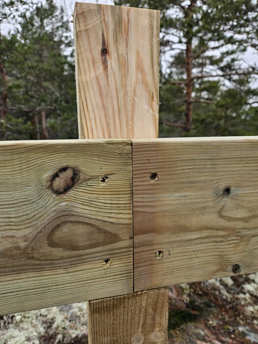 Träkonstruktion med tre 6x90 skruvar som förbinder bärregel och stolpe.