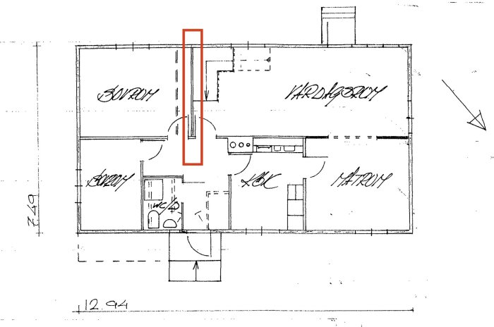 Ritning av en bostadsplan där en vägg i vardagsrummet är markerad med rött för att ifrågasätta dess bärighet.