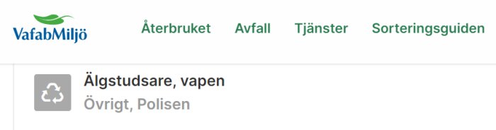 Webbsida med rubriken 'VafabMiljö' och en sorteringsanvisning för 'Älgstudsare, vapen' under 'Övrigt, Polisen'.