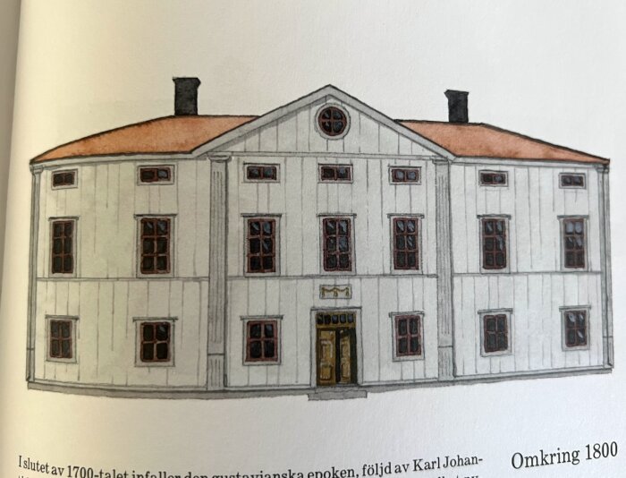 Illustration av ett traditionellt gustavianskt hus i grå nyanser, tagen från Göran Gudmundssons bok.