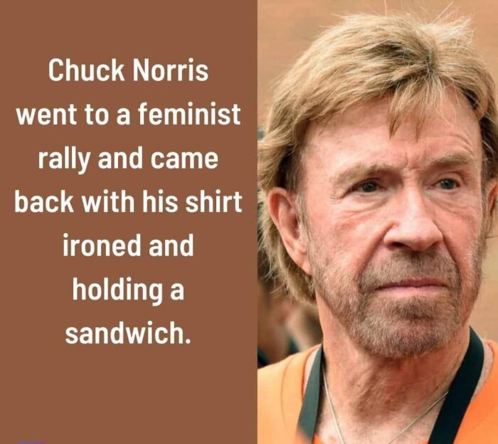 Text bredvid en man som säger "Chuck Norris went to a feminist rally and came back with his shirt ironed and holding a sandwich.