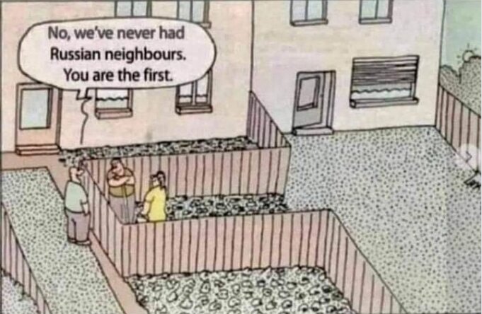 Tecknad bild av två grannar som pratar över ett staket, med en halvt nedgrävd bil som skämt.