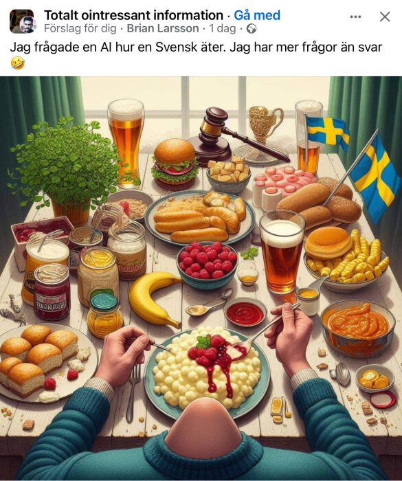 Illustrerad bild av ett överflödigt bord med svensk mat, öl, svensk flagga och en person som äter.